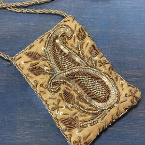 Bougainvillea Beaded Mini Crossbody Bag Gold Paisley Evening Pouch